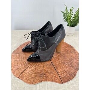 YSL Yves Saint Laurent Leather Oxford Heels Booties Black Patent Cap Toe Size 36